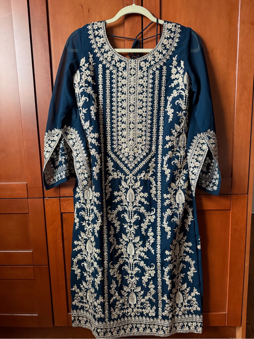 Embroidered Navy Palazzo Pants Long Sleeve Set - Elegant Cream Accents